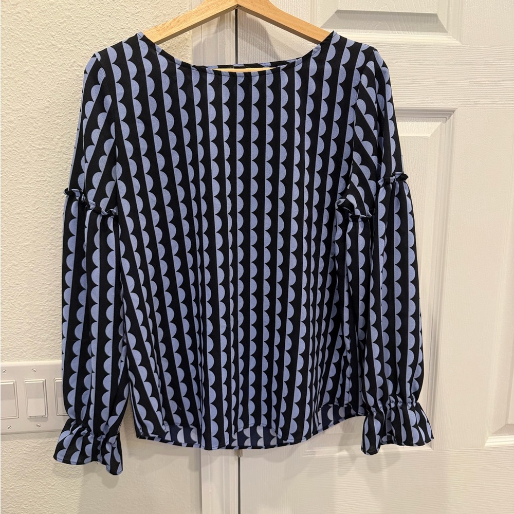 Ann Taylor Navy and Light Blue Geometric Long-Sleeve Blouse